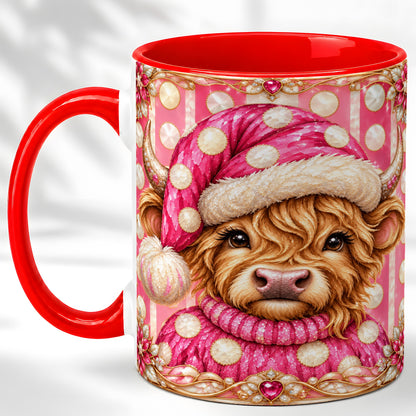 #pl[11oz|Red] Pink Christmas Highland Cow Coffee Mug, Polka Dot Cow Mug, Ceramic Cup