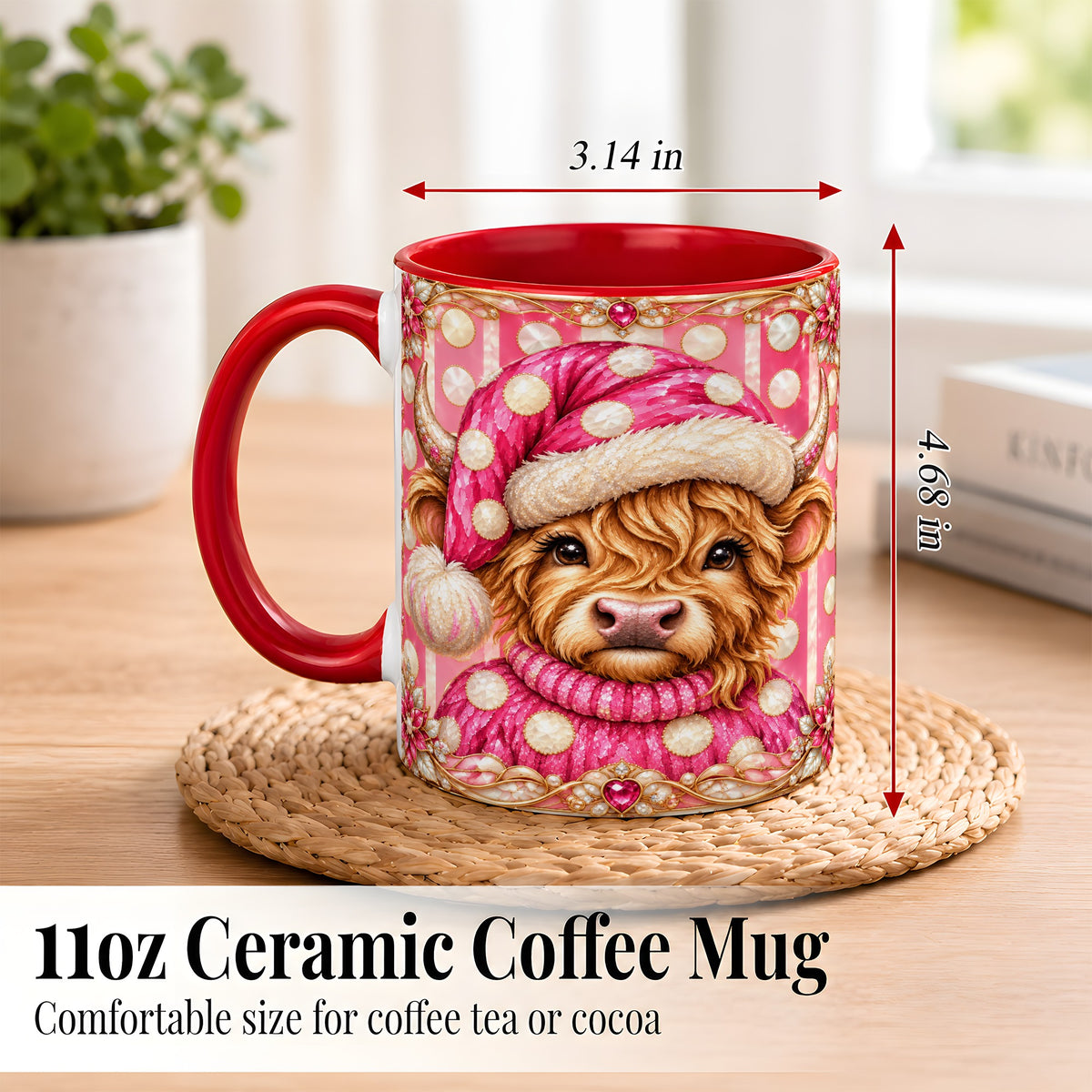 #pl[11oz|Red] Pink Christmas Highland Cow Coffee Mug, Polka Dot Cow Mug, Ceramic Cup