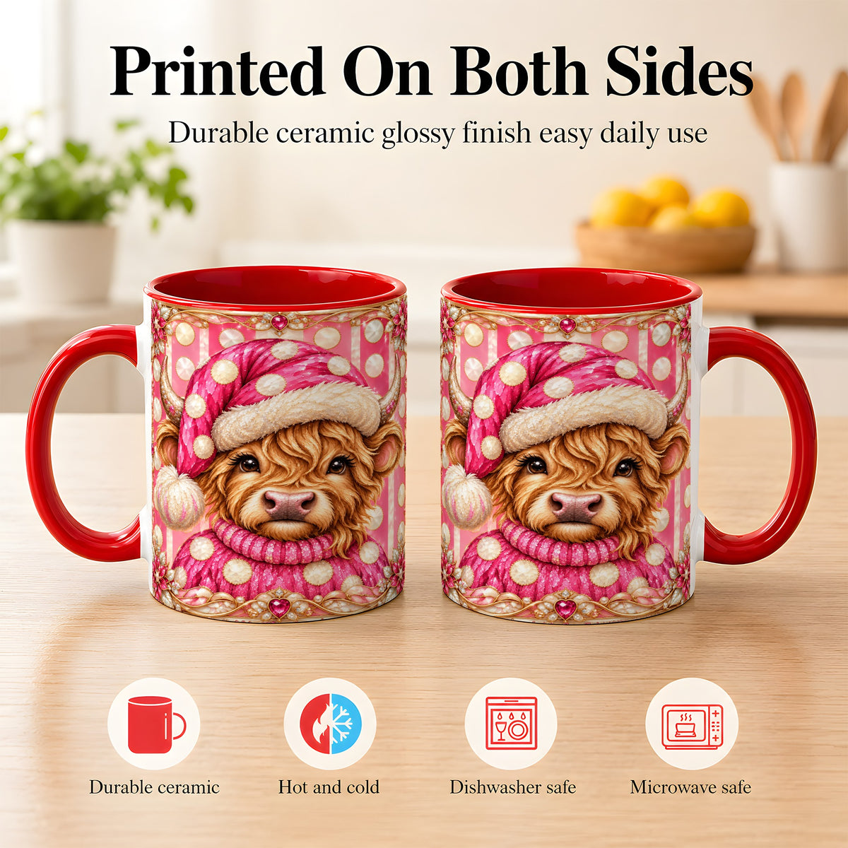#pl[11oz|Red] Pink Christmas Highland Cow Coffee Mug, Polka Dot Cow Mug, Ceramic Cup