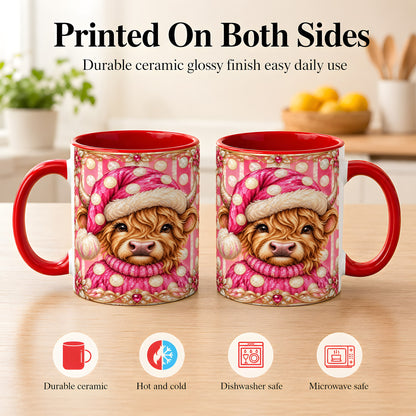 #pl[11oz|Red] Pink Christmas Highland Cow Coffee Mug, Polka Dot Cow Mug, Ceramic Cup