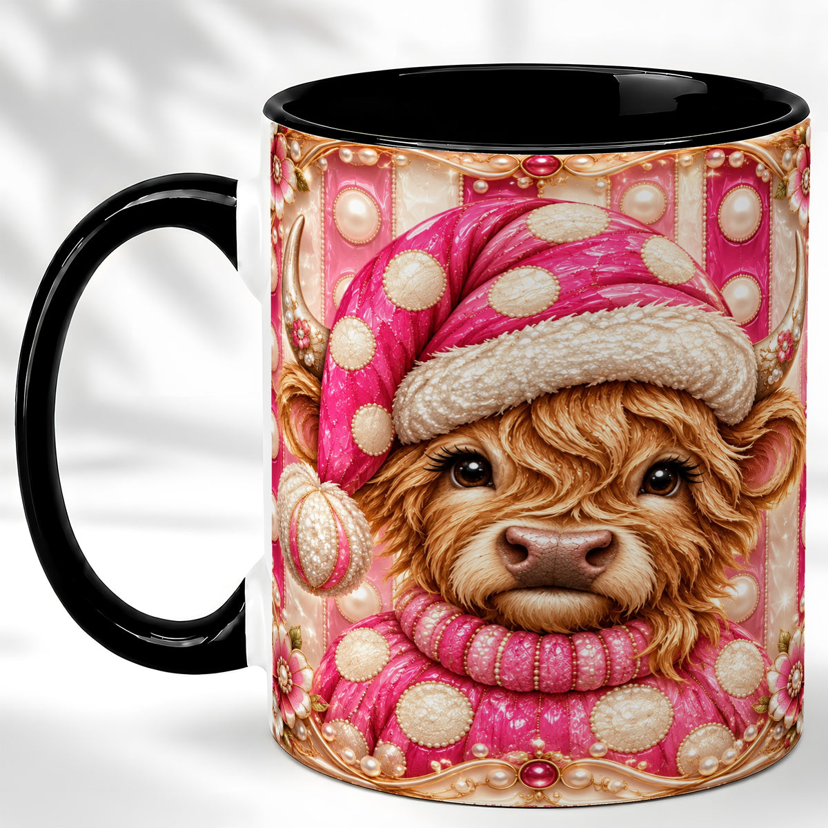 #pl[11oz|Black] Pink Highland Cow Coffee Mug, Christmas Polka Dot Cow Mug, Ceramic Cup