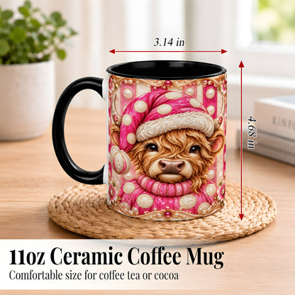 #pl[11oz|Black] Pink Highland Cow Coffee Mug, Christmas Polka Dot Cow Mug, Ceramic Cup