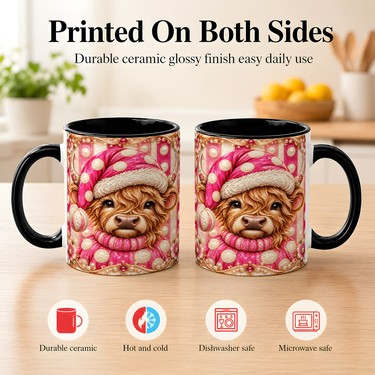 #pl[11oz|Black] Pink Highland Cow Coffee Mug, Christmas Polka Dot Cow Mug, Ceramic Cup