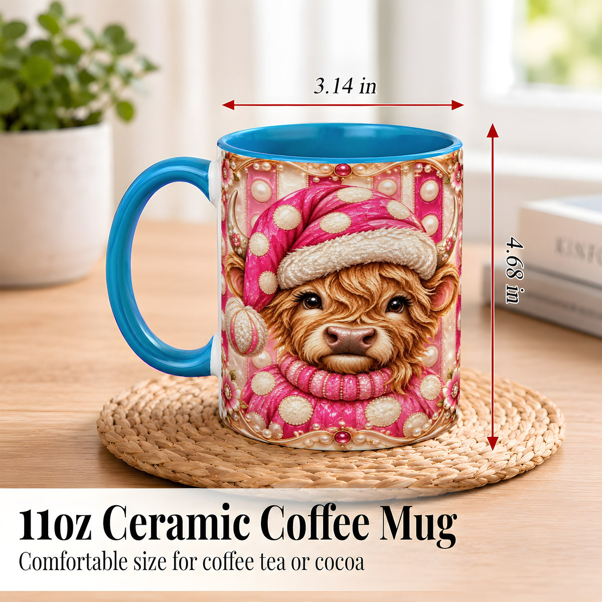 #pl[11oz|Blue] Pink Highland Cow Coffee Mug, Christmas Polka Dot Cow Mug, Ceramic Cup