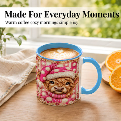 #pl[11oz|Blue] Pink Highland Cow Coffee Mug, Christmas Polka Dot Cow Mug, Ceramic Cup