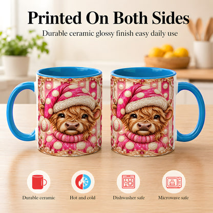 #pl[11oz|Blue] Pink Highland Cow Coffee Mug, Christmas Polka Dot Cow Mug, Ceramic Cup