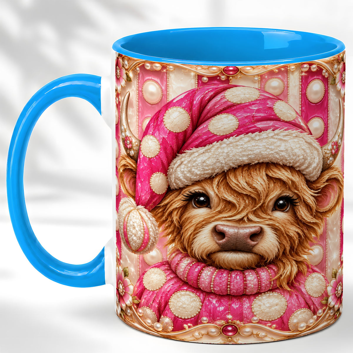 #pl[11oz|Blue] Pink Highland Cow Coffee Mug, Christmas Polka Dot Cow Mug, Ceramic Cup