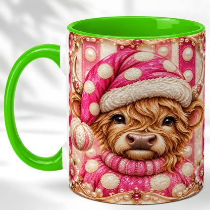 #pl[11oz|Green] Pink Highland Cow Coffee Mug, Christmas Polka Dot Cow Mug, Ceramic Cup