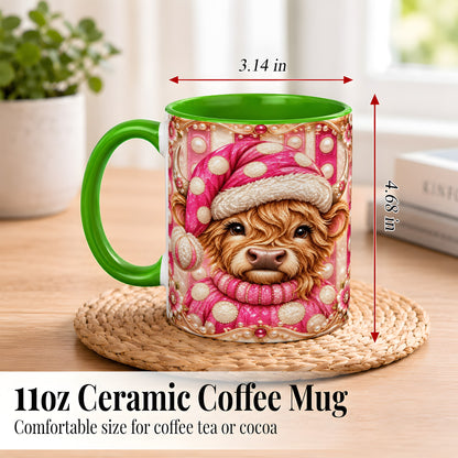 #pl[11oz|Green] Pink Highland Cow Coffee Mug, Christmas Polka Dot Cow Mug, Ceramic Cup