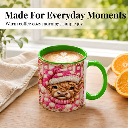 #pl[11oz|Green] Pink Highland Cow Coffee Mug, Christmas Polka Dot Cow Mug, Ceramic Cup