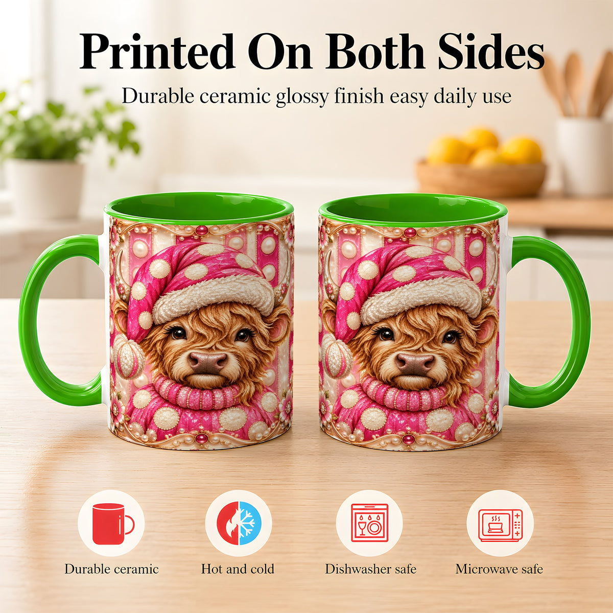 #pl[11oz|Green] Pink Highland Cow Coffee Mug, Christmas Polka Dot Cow Mug, Ceramic Cup