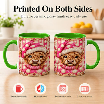 #pl[11oz|Green] Pink Highland Cow Coffee Mug, Christmas Polka Dot Cow Mug, Ceramic Cup