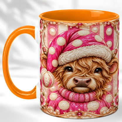 #pl[11oz|Orange] Pink Highland Cow Coffee Mug, Christmas Polka Dot Cow Mug, Ceramic Cup