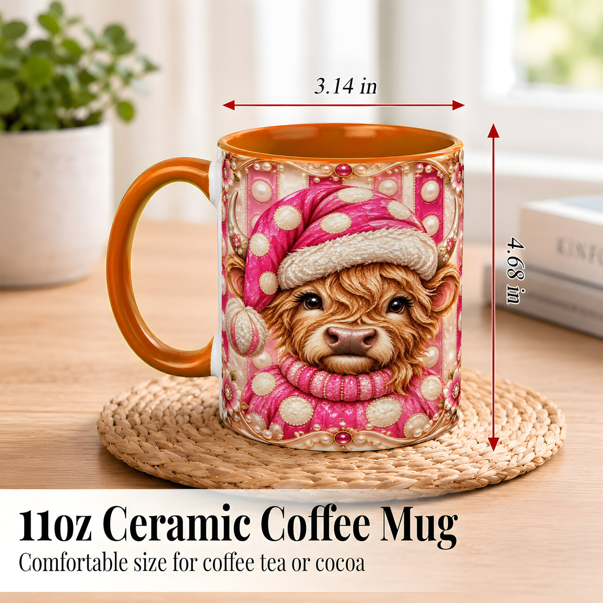 #pl[11oz|Orange] Pink Highland Cow Coffee Mug, Christmas Polka Dot Cow Mug, Ceramic Cup