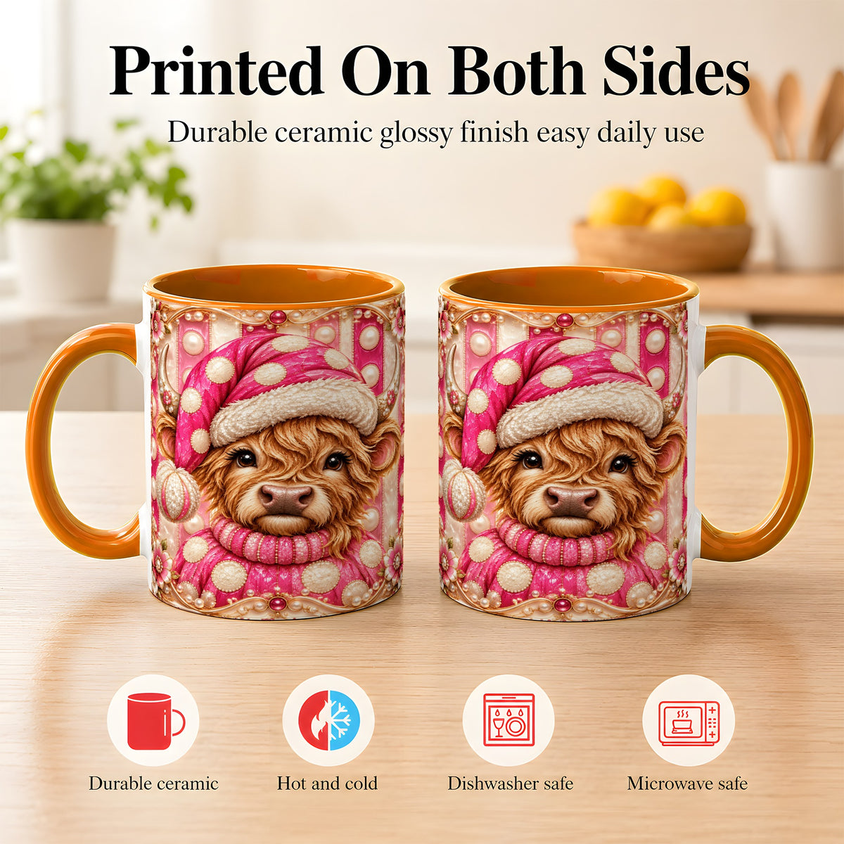 #pl[11oz|Orange] Pink Highland Cow Coffee Mug, Christmas Polka Dot Cow Mug, Ceramic Cup