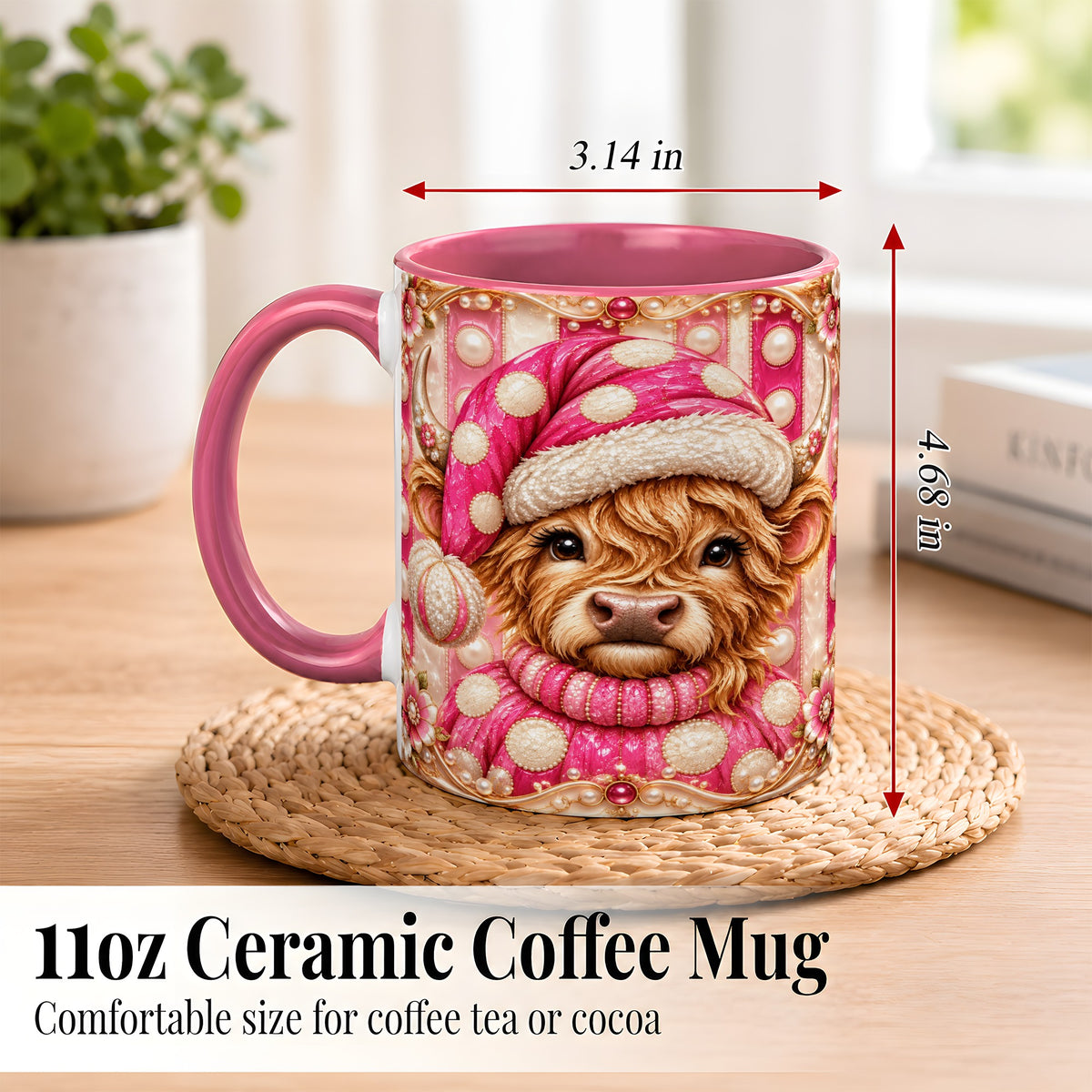 #pl[11oz|Pink] Pink Highland Cow Coffee Mug, Christmas Polka Dot Cow Mug, Ceramic Cup