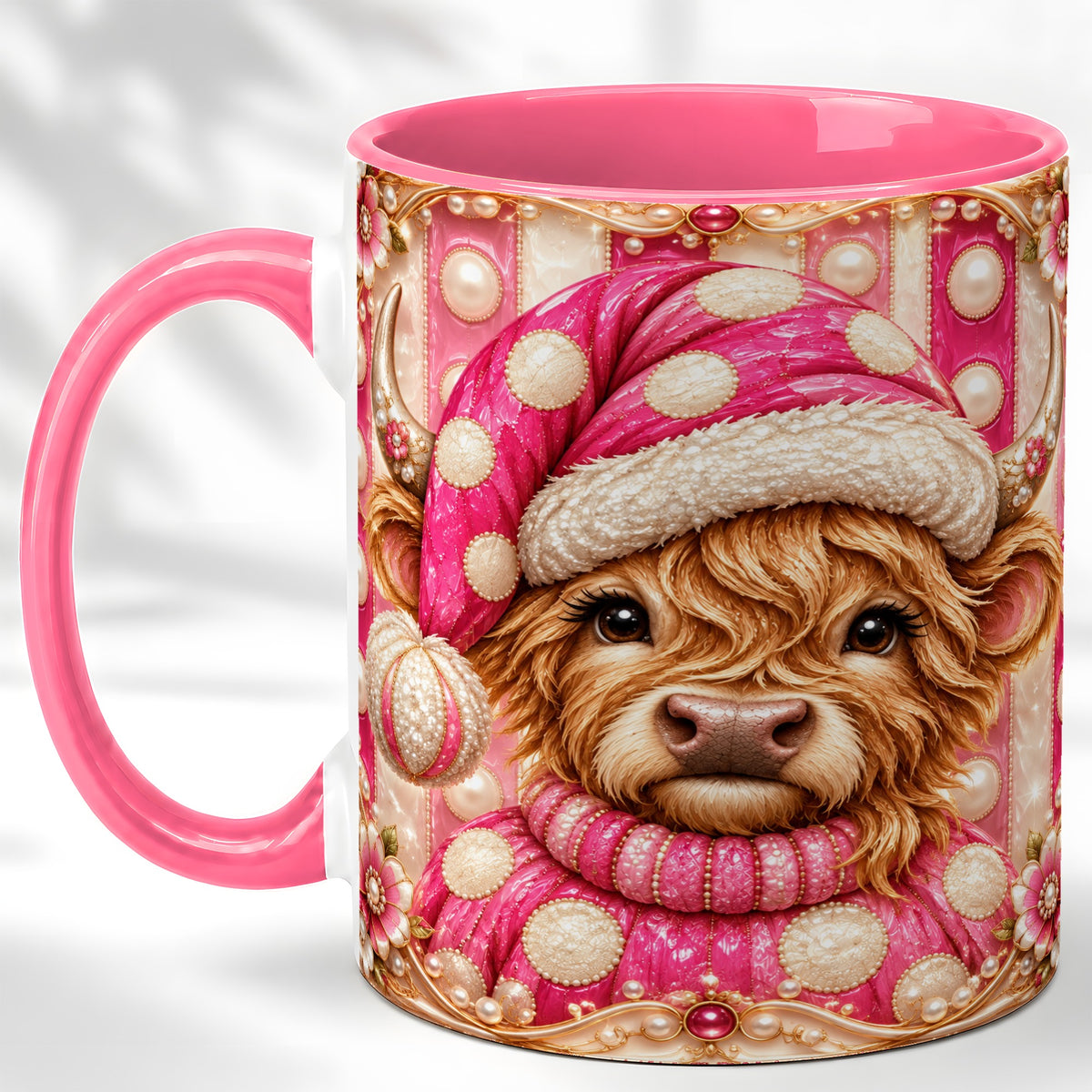 #pl[11oz|Pink] Pink Highland Cow Coffee Mug, Christmas Polka Dot Cow Mug, Ceramic Cup