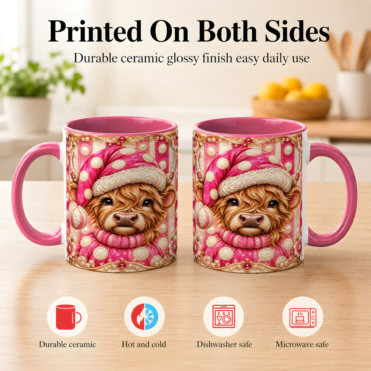 #pl[11oz|Pink] Pink Highland Cow Coffee Mug, Christmas Polka Dot Cow Mug, Ceramic Cup