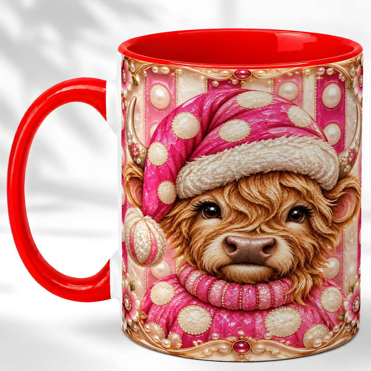 #pl[11oz|Red] Pink Highland Cow Coffee Mug, Christmas Polka Dot Cow Mug, Ceramic Cup