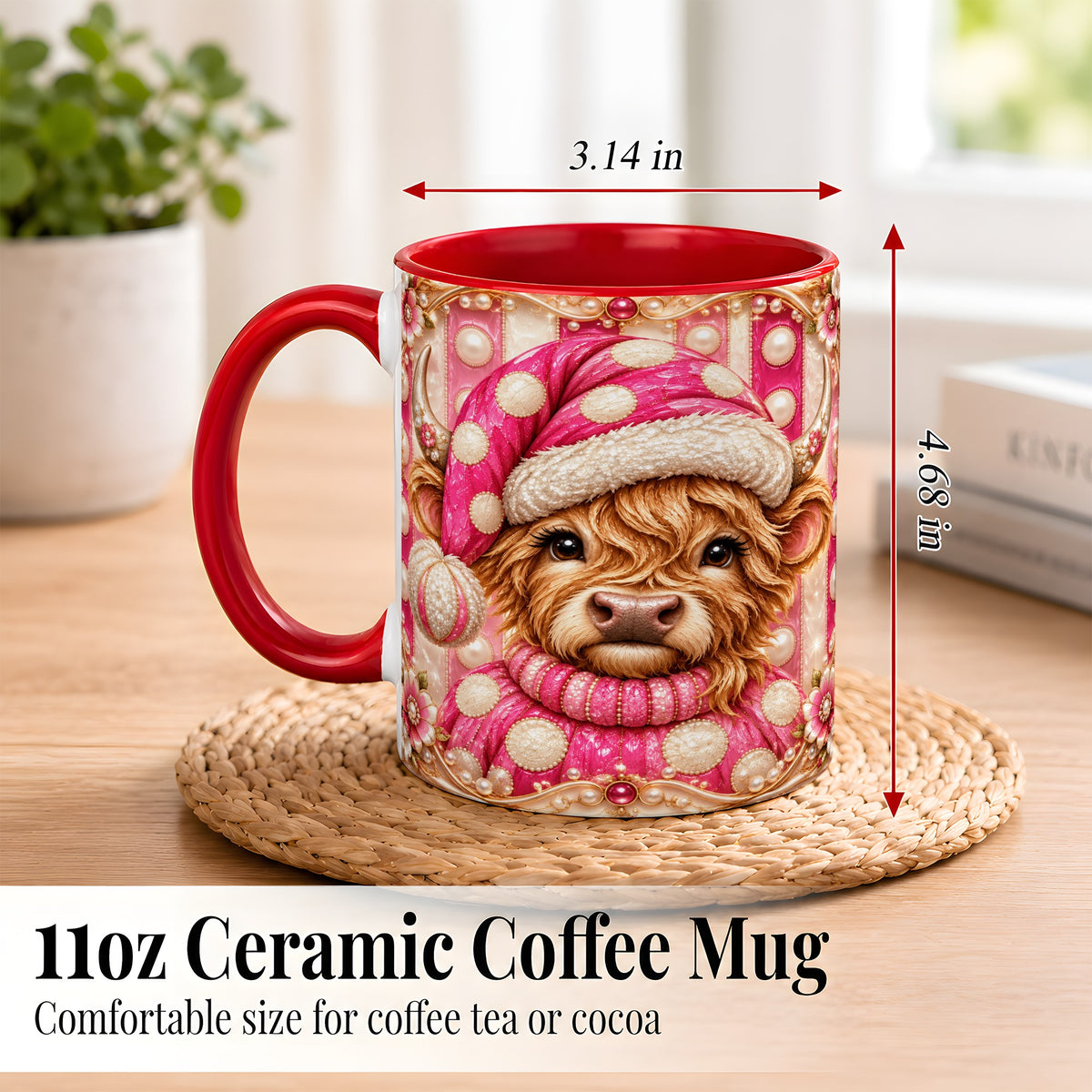 #pl[11oz|Red] Pink Highland Cow Coffee Mug, Christmas Polka Dot Cow Mug, Ceramic Cup