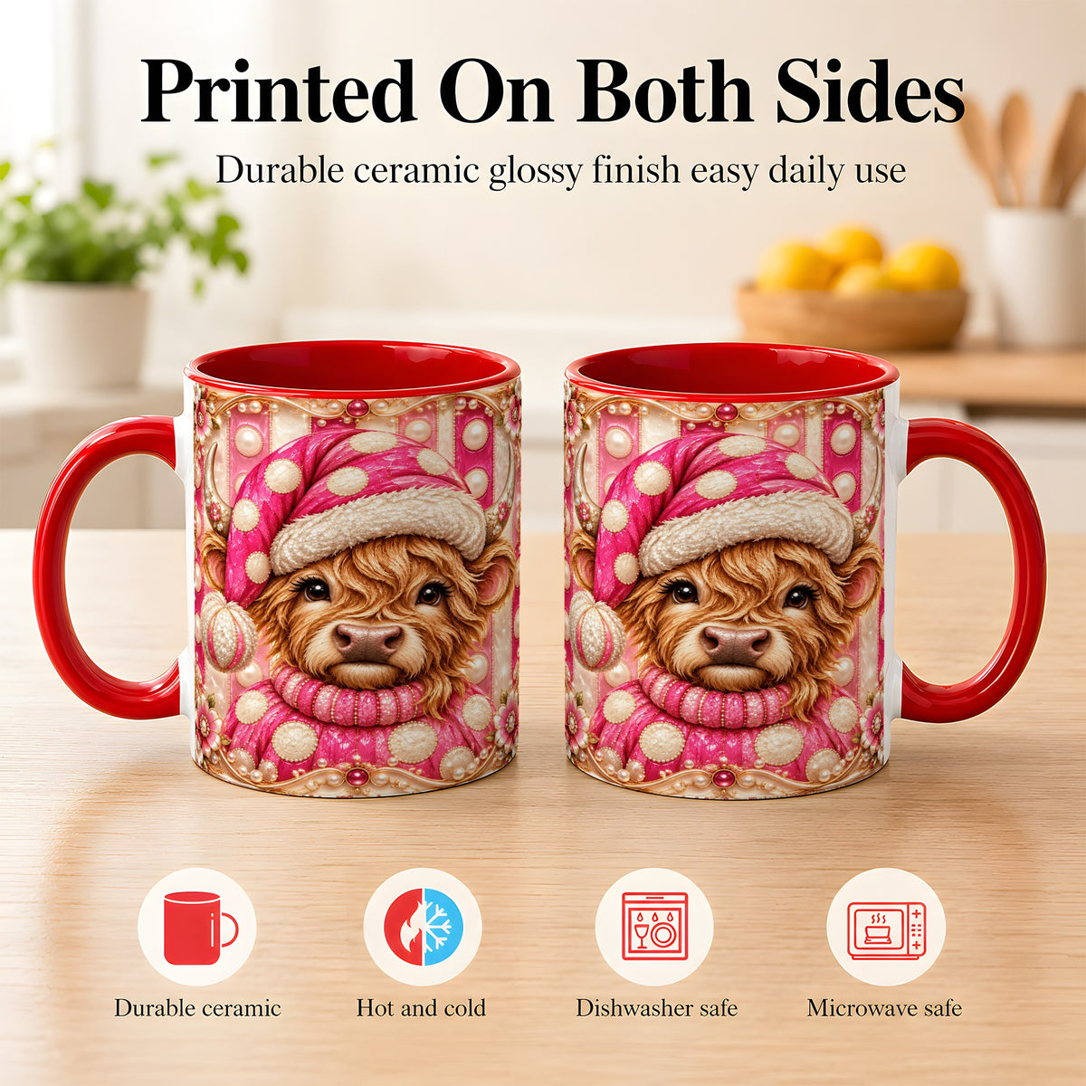 #pl[11oz|Red] Pink Highland Cow Coffee Mug, Christmas Polka Dot Cow Mug, Ceramic Cup