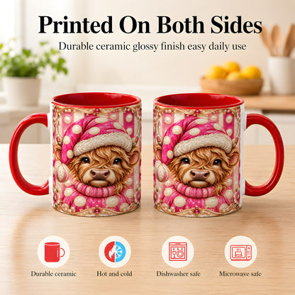 #pl[11oz|Red] Pink Highland Cow Coffee Mug, Christmas Polka Dot Cow Mug, Ceramic Cup