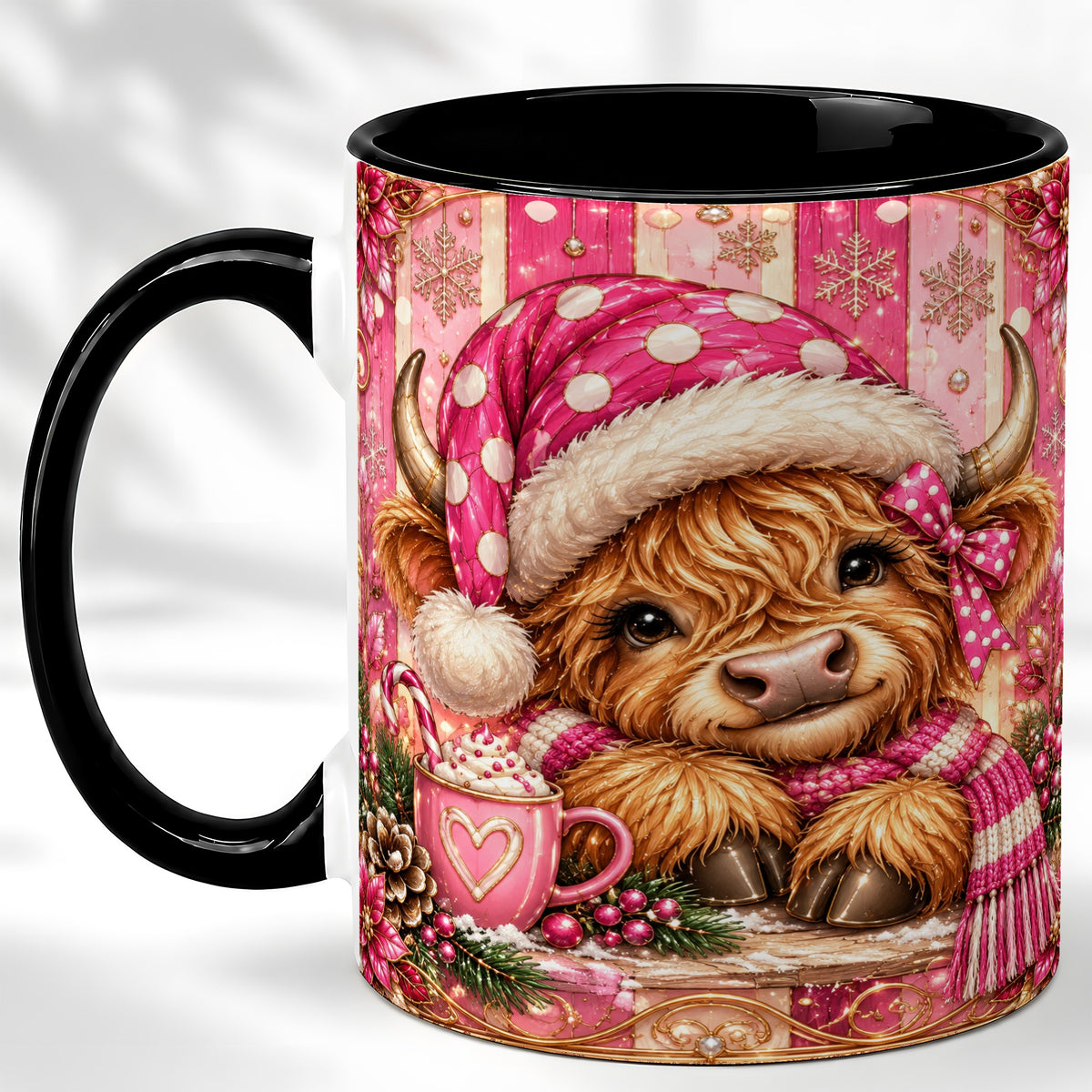 #pl[11oz|Black] Pink Christmas Highland Cow Coffee Mug, Cocoa Cow Mug, Ceramic Cup