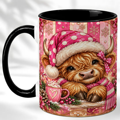 #pl[11oz|Black] Pink Christmas Highland Cow Coffee Mug, Cocoa Cow Mug, Ceramic Cup