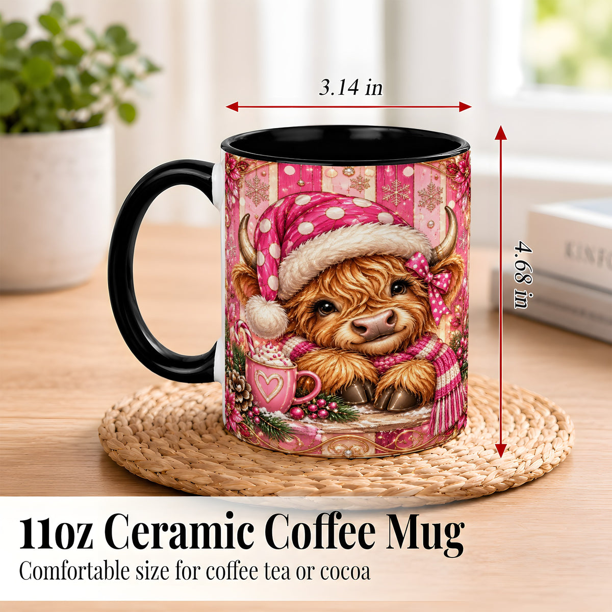 #pl[11oz|Black] Pink Christmas Highland Cow Coffee Mug, Cocoa Cow Mug, Ceramic Cup