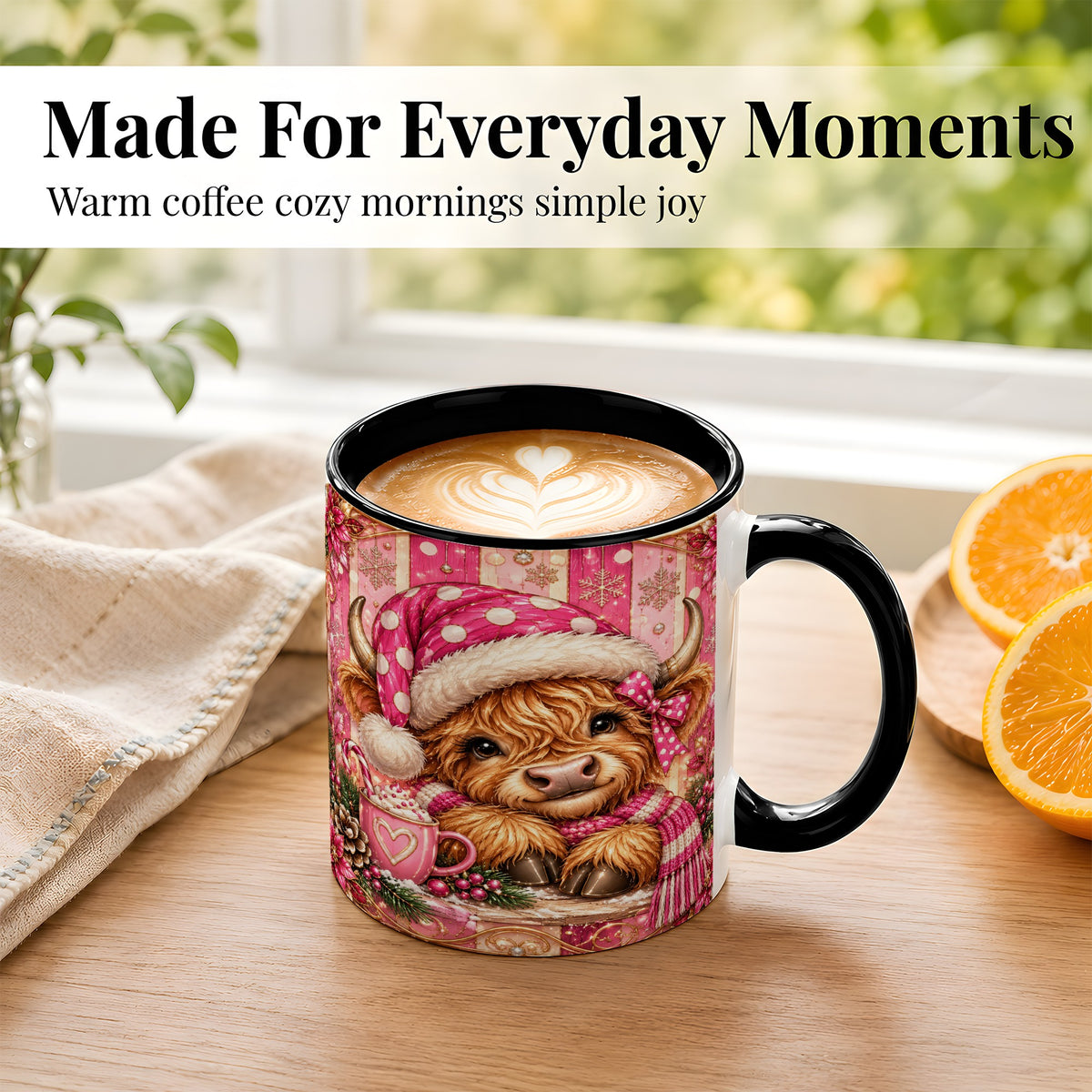 #pl[11oz|Black] Pink Christmas Highland Cow Coffee Mug, Cocoa Cow Mug, Ceramic Cup