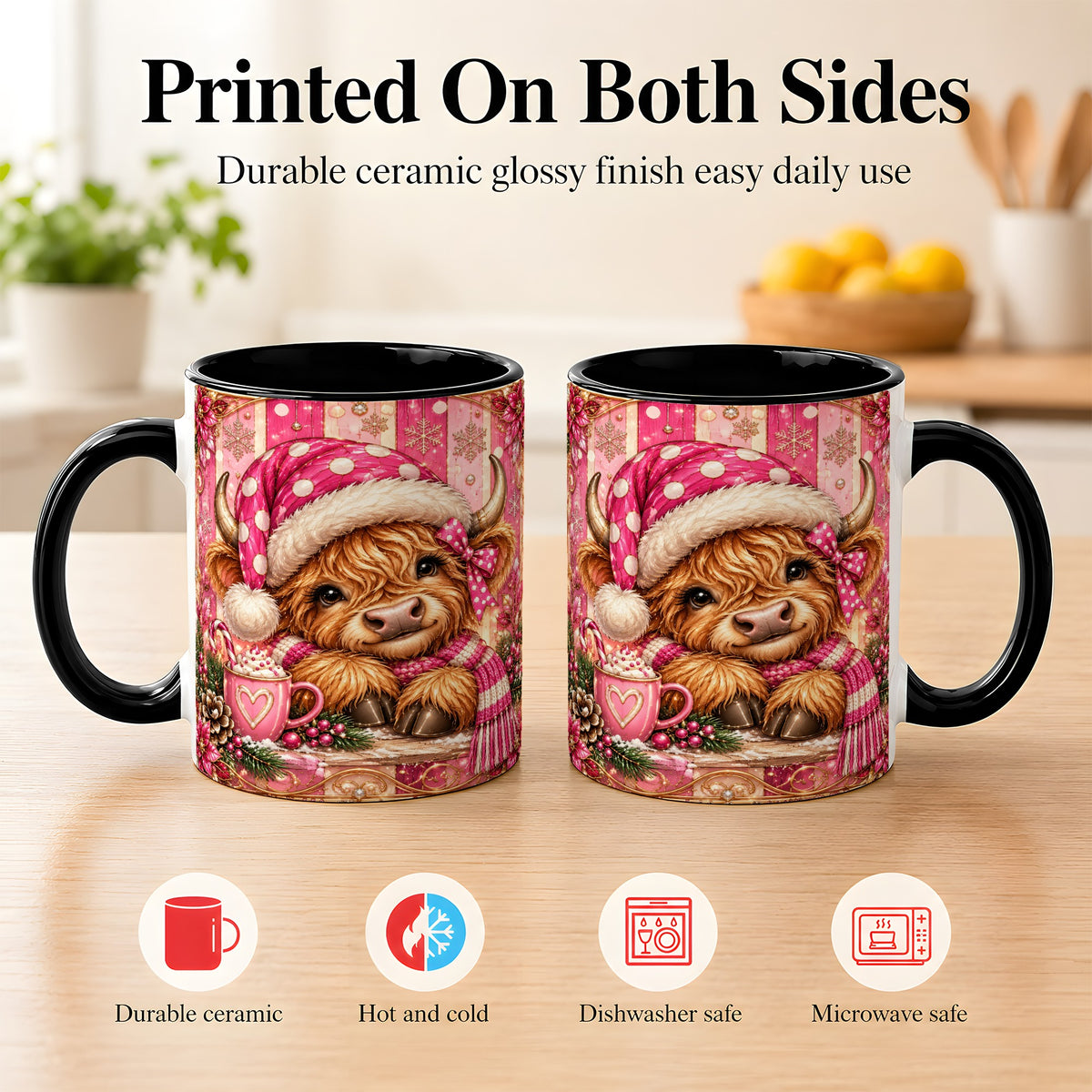 #pl[11oz|Black] Pink Christmas Highland Cow Coffee Mug, Cocoa Cow Mug, Ceramic Cup