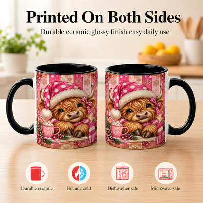 #pl[11oz|Black] Pink Christmas Highland Cow Coffee Mug, Cocoa Cow Mug, Ceramic Cup