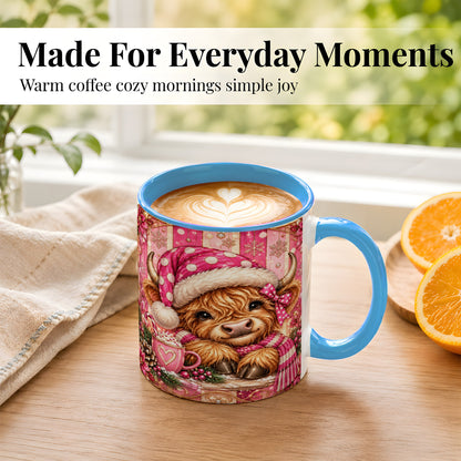 #pl[11oz|Blue] Pink Christmas Highland Cow Coffee Mug, Cocoa Cow Mug, Ceramic Cup