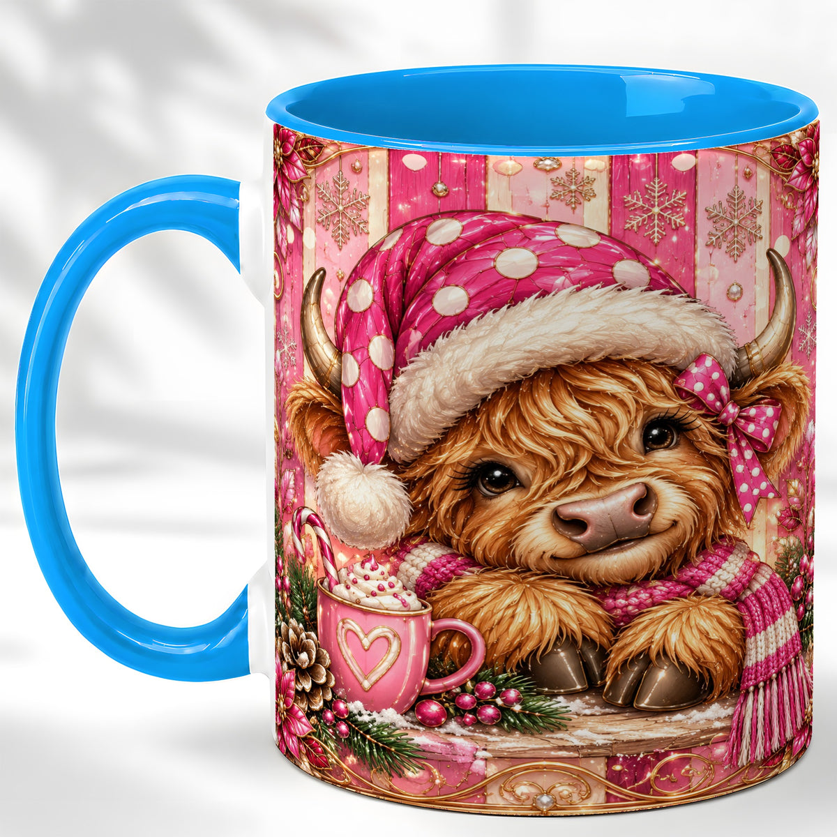 #pl[11oz|Blue] Pink Christmas Highland Cow Coffee Mug, Cocoa Cow Mug, Ceramic Cup