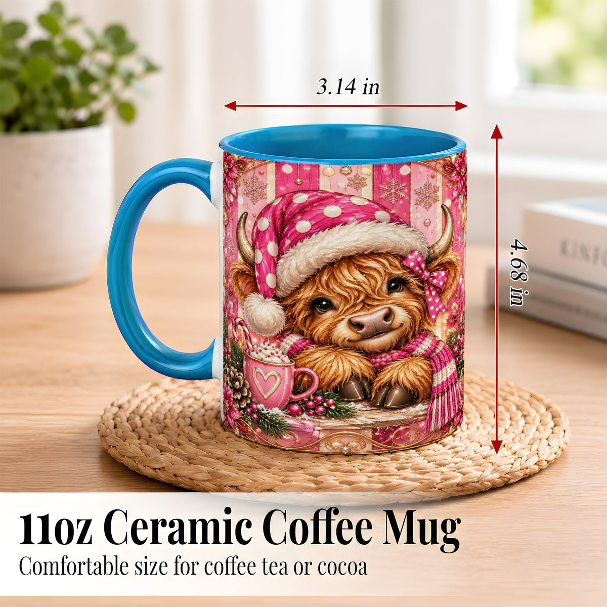 #pl[11oz|Blue] Pink Christmas Highland Cow Coffee Mug, Cocoa Cow Mug, Ceramic Cup