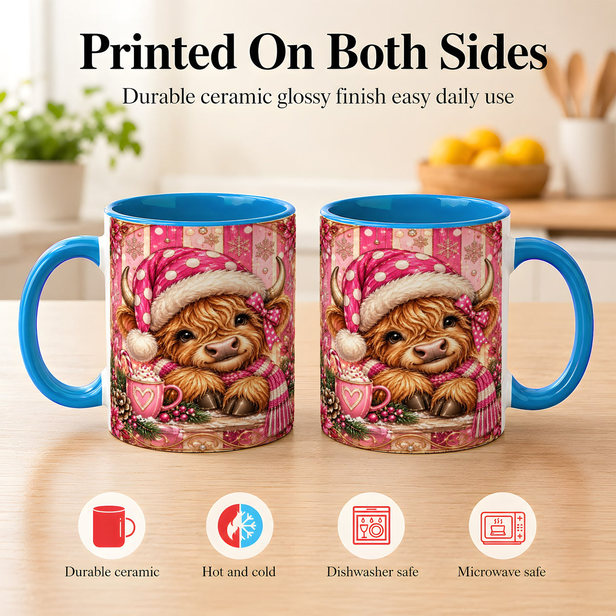 #pl[11oz|Blue] Pink Christmas Highland Cow Coffee Mug, Cocoa Cow Mug, Ceramic Cup