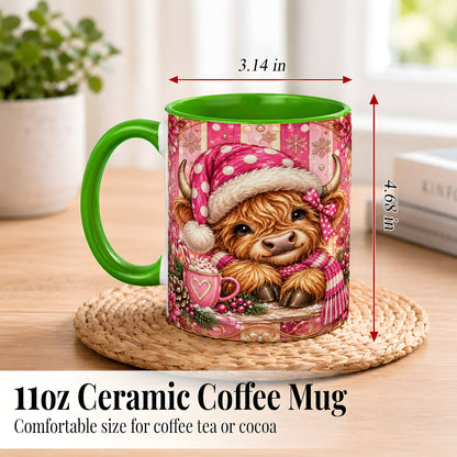 #pl[11oz|Green] Pink Christmas Highland Cow Coffee Mug, Cocoa Cow Mug, Ceramic Cup