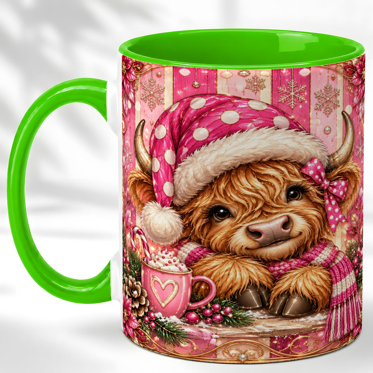 #pl[11oz|Green] Pink Christmas Highland Cow Coffee Mug, Cocoa Cow Mug, Ceramic Cup