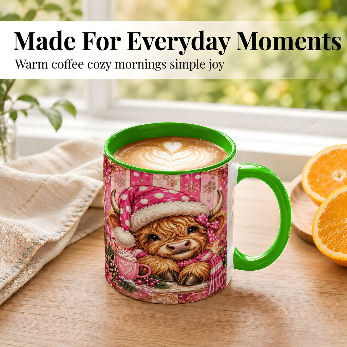 #pl[11oz|Green] Pink Christmas Highland Cow Coffee Mug, Cocoa Cow Mug, Ceramic Cup