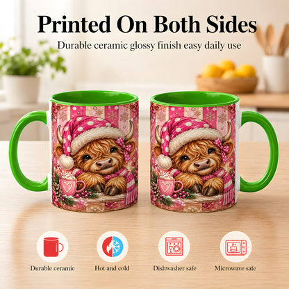 #pl[11oz|Green] Pink Christmas Highland Cow Coffee Mug, Cocoa Cow Mug, Ceramic Cup