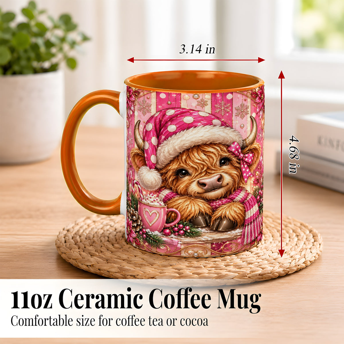 #pl[11oz|Orange] Pink Christmas Highland Cow Coffee Mug, Cocoa Cow Mug, Ceramic Cup
