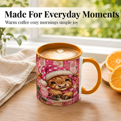 #pl[11oz|Orange] Pink Christmas Highland Cow Coffee Mug, Cocoa Cow Mug, Ceramic Cup