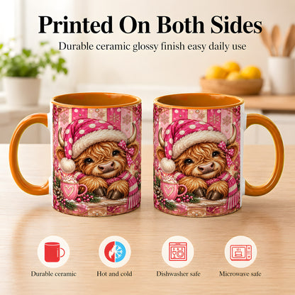 #pl[11oz|Orange] Pink Christmas Highland Cow Coffee Mug, Cocoa Cow Mug, Ceramic Cup