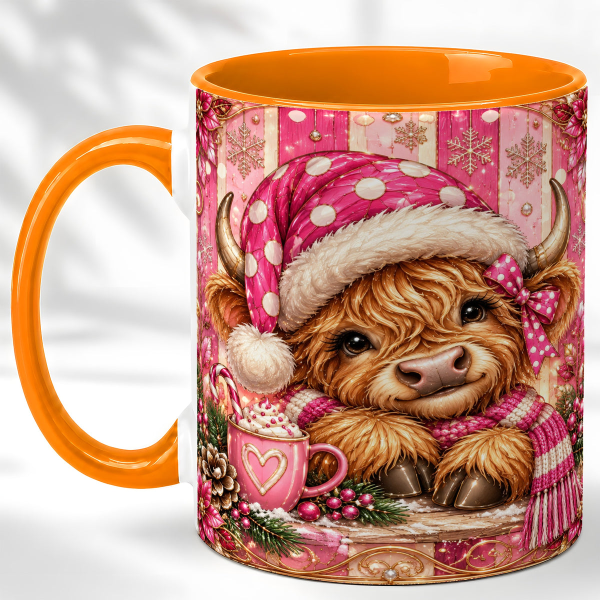 #pl[11oz|Orange] Pink Christmas Highland Cow Coffee Mug, Cocoa Cow Mug, Ceramic Cup