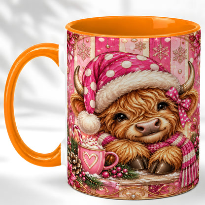 #pl[11oz|Orange] Pink Christmas Highland Cow Coffee Mug, Cocoa Cow Mug, Ceramic Cup