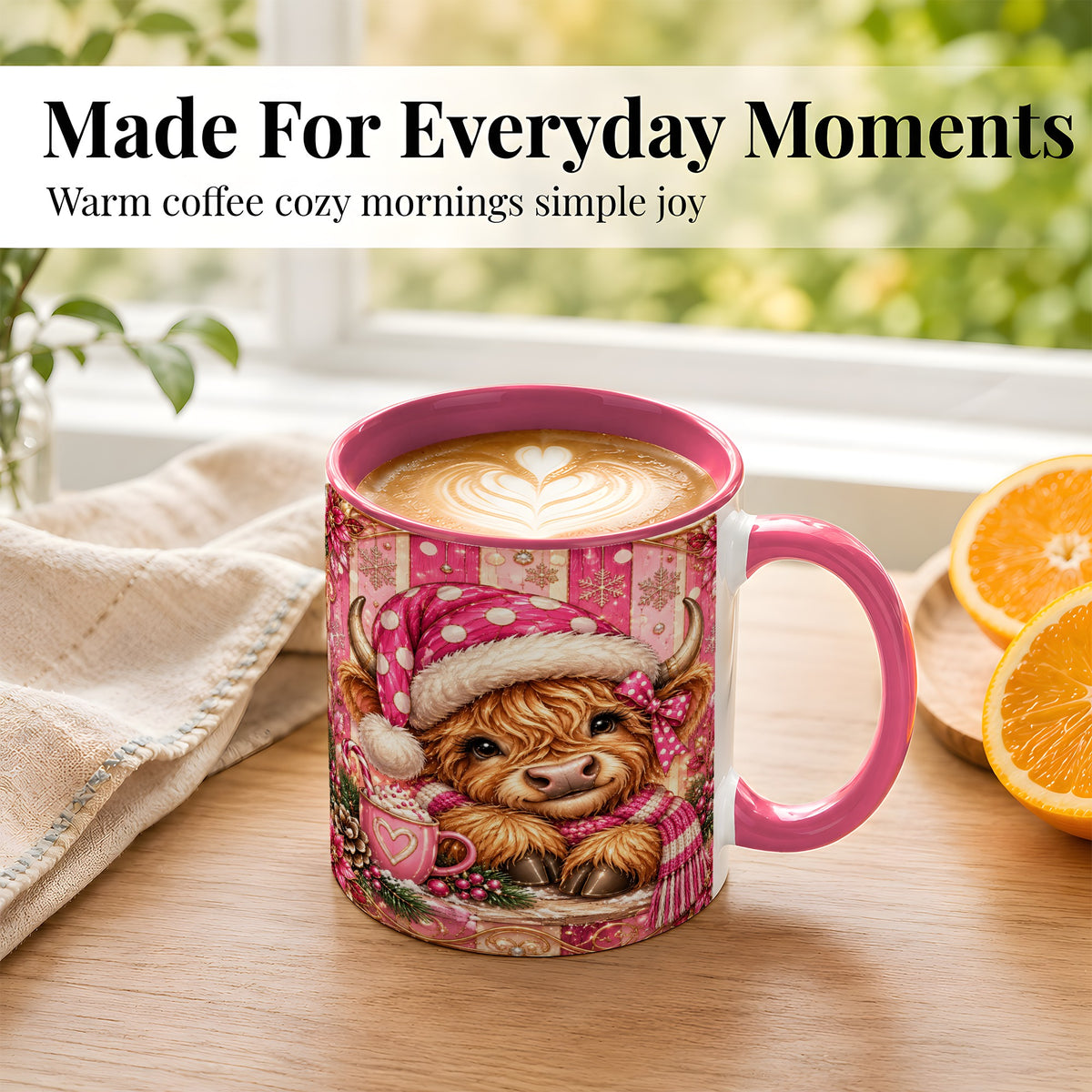 #pl[11oz|Pink] Pink Christmas Highland Cow Coffee Mug, Cocoa Cow Mug, Ceramic Cup