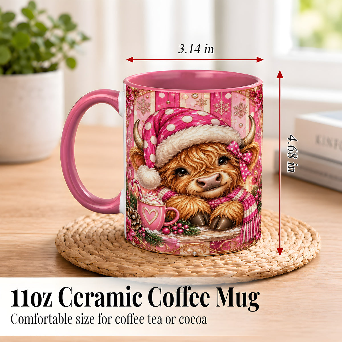 #pl[11oz|Pink] Pink Christmas Highland Cow Coffee Mug, Cocoa Cow Mug, Ceramic Cup
