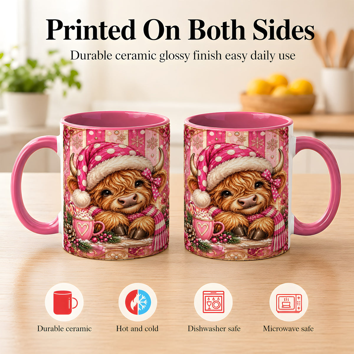 #pl[11oz|Pink] Pink Christmas Highland Cow Coffee Mug, Cocoa Cow Mug, Ceramic Cup