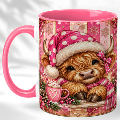 #pl[11oz|Pink] Pink Christmas Highland Cow Coffee Mug, Cocoa Cow Mug, Ceramic Cup