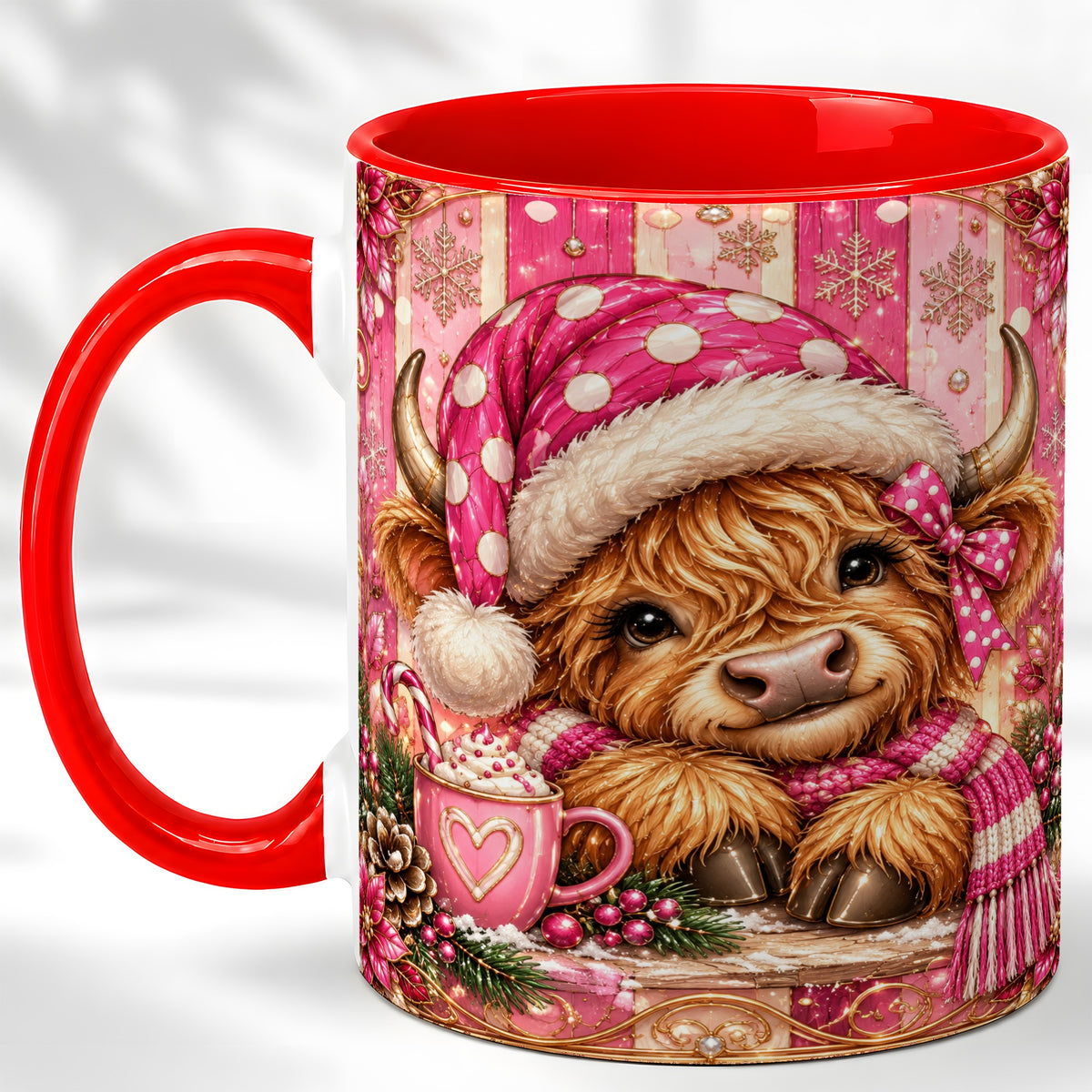 #pl[11oz|Red] Pink Christmas Highland Cow Coffee Mug, Cocoa Cow Mug, Ceramic Cup